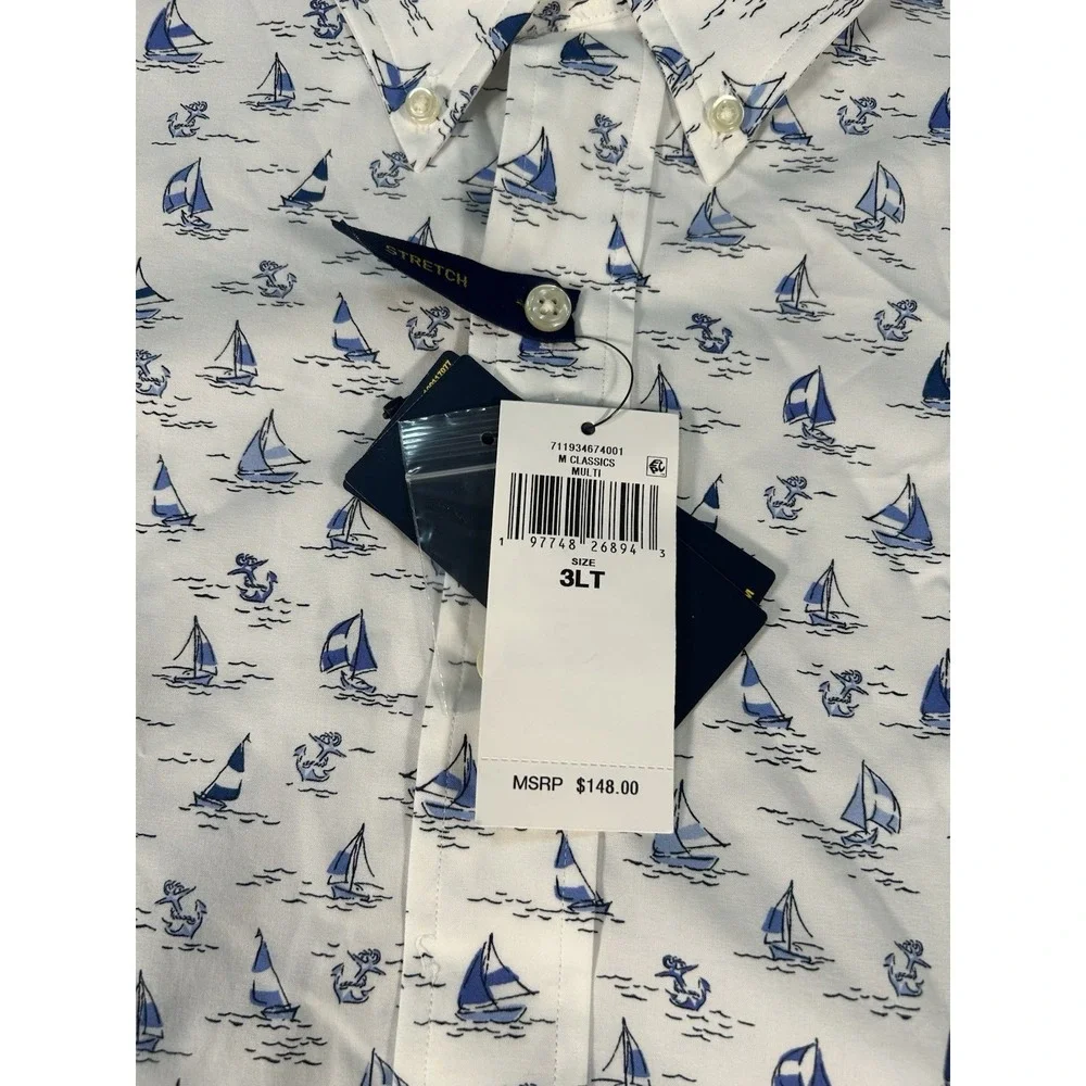 New Polo Ralph Lauren Shirt 3XLT White‎ Sailboat Print Nautical Preppy Stretch